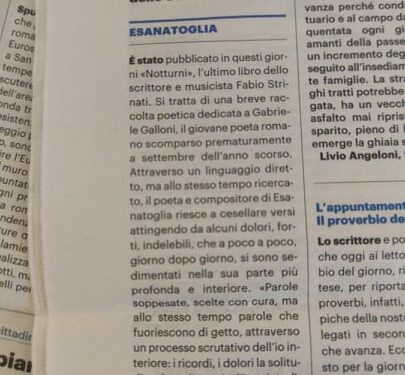 Chiara Sentimenti per il Resto del Carlino “Notturni” di Fabio Strinati (Edizioni Il Foglio), libro dedicato a Gabriele Galloni.