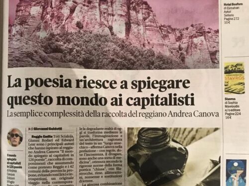 Andrea Canova e la sua poesia che spiega il mondo ai capitalisti. Un libro che sarebbe piaciuto a Pasolini. Recensione di Giovanni Guidotti per la Gazzetta di Reggio.